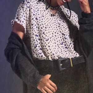 EUC M CAbi Meow Top White and Purple Dots